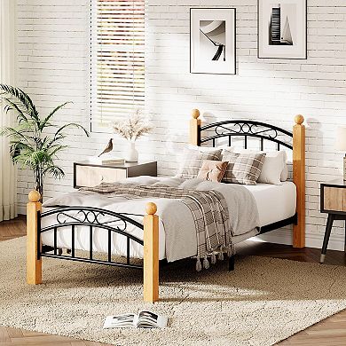 Wooden Slat Platform Bed Frame with Headboard No Box Spring Needed, Noise-Free, Underbed Storage