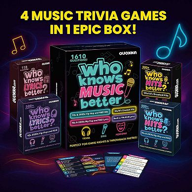 QUOKKA Who Knows Music Better? 1610 Music Trivia Questions Ultimate 4-Pack Party Game Box