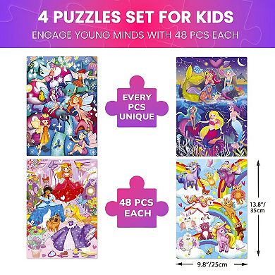 QUOKKA Set of 4 Vertical Jigsaw Puzzle 48Pcs with Fantasy Heros for Toddlers 3-5 Years Learning Game