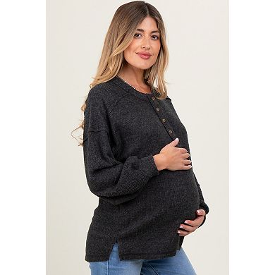 Maternity Oversized Ribbed Knit Henley Sweater