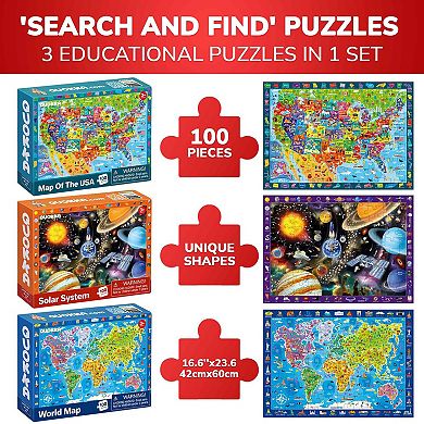 QUOKKA Puzzles for Kids 4-6 Set of 3 Educational 100 Piece - Map USA, World & Space Puzzle