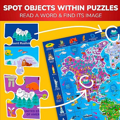 QUOKKA Puzzles for Kids 4-6 Set of 3 Educational 100 Piece - Map USA, World & Space Puzzle