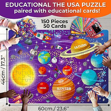 QUOKKA Jigsaw Puzzles Solar System 150 Pieces with 50 Flashcards 400+ Space Facts for Kids 4-8 Years