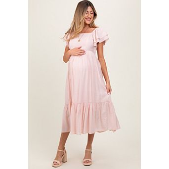 Maternity Pink Flutter Sleeve Midi Dress