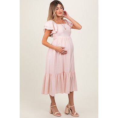 Maternity Pink Flutter Sleeve Midi Dress