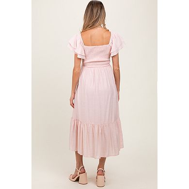 Maternity Pink Flutter Sleeve Midi Dress