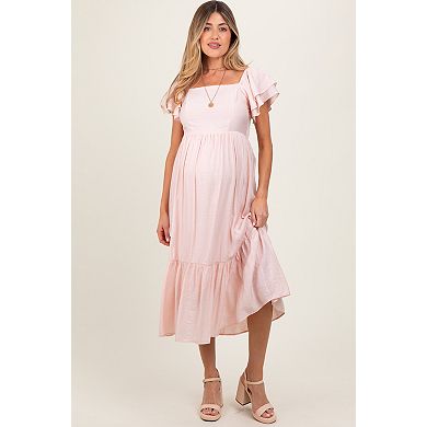 Maternity Pink Flutter Sleeve Midi Dress