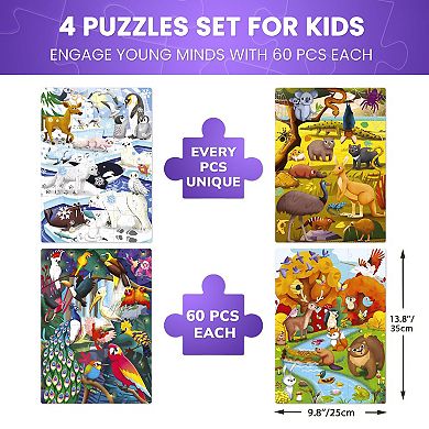 QUOKKA Set 4 Vertical Jigsaw Puzzles 60 Pcs For 5-7 Year Birds, Polar, Forest & Australia Animals