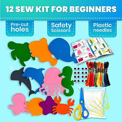 QUOKKA Crafts DIY Beginner Needle & Thread Kit - 12 Sea Animals Sewing Kit for Kids 7-10 Years