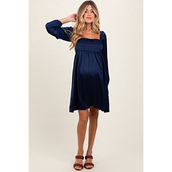 Maternity Blue Satin Pleated Detail Bodice Dress
