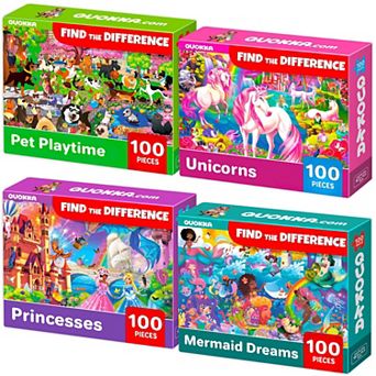 QUOKKA Set of 4 Jigsaw Puzzles 100 pc Search and Find Mermaids and Unicorns for Kids 4-8 Years