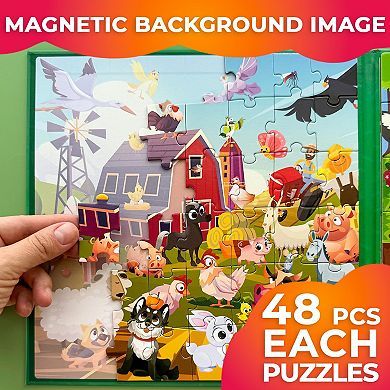 QUOKKA Magnetic Puzzles for Kids 3-5 2x48 Set - Farm & Forest Animals Road Trip Learning Game