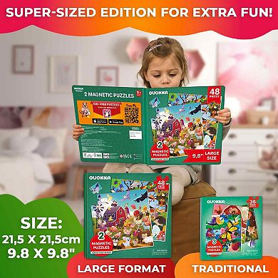QUOKKA Magnetic Puzzles for Kids 3-5 2x48 Set - Farm & Forest Animals Road Trip Learning Game
