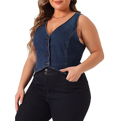 Women's Plus Size Denim Vest Sleeveless V Neck Button Down Casual Jean Waistcoat Jacket