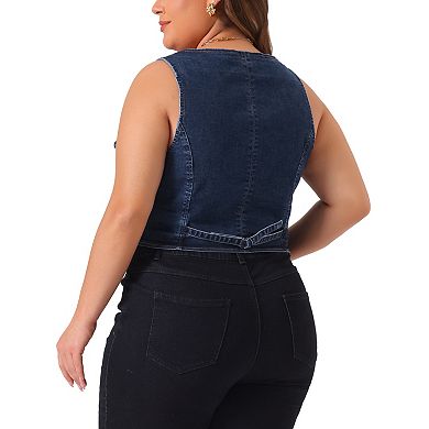 Women's Plus Size Denim Vest Sleeveless V Neck Button Down Casual Jean Waistcoat Jacket