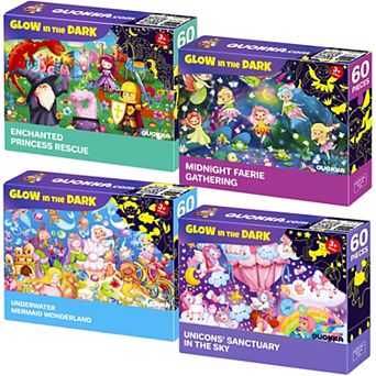 QUOKKA Glow-in-the-Dark 4×60 pc Kids Puzzles Unicorns, Mermaids and Fairy Tales for Ages 48