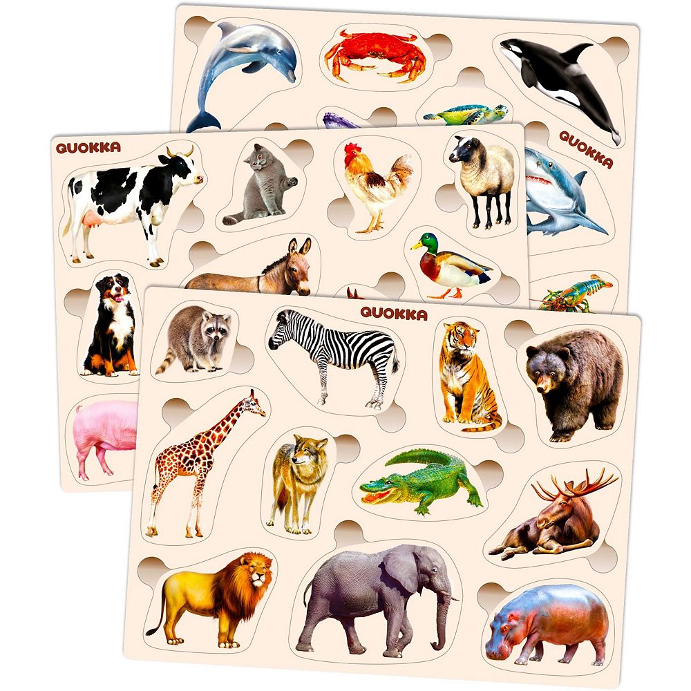 QUOKKA Set of 3 Wooden Toddler Puzzles Montessori Animal Toys for Kids ...