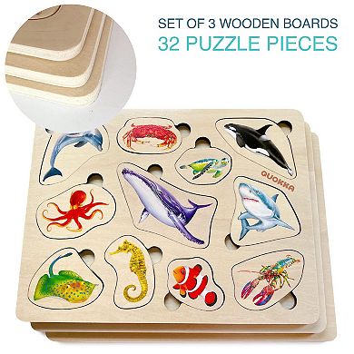 QUOKKA Set of 3 Wooden Toddler Puzzles Montessori Animal Toys for Kids ...