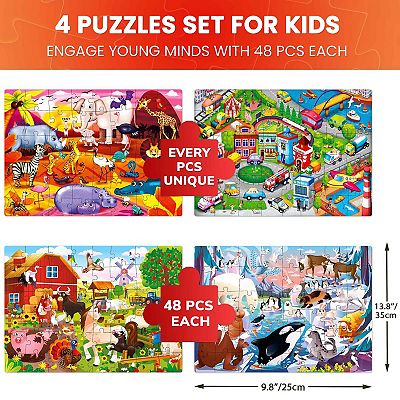QUOKKA Puzzle In Legno Per Bambini 3-5 Anni – 4 Puzzle Da 48 Pezzi Con Animali, Gioco Educativo Montessori Per Bambine E Bambini 6-8 Anni