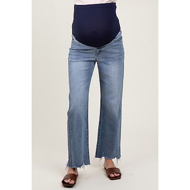 Maternity Blue Fringe Hem Maternity Wide Leg Jeans