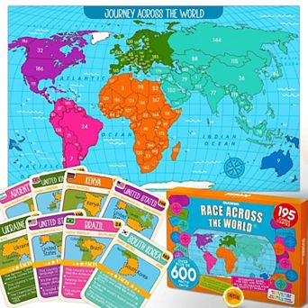QUOKKA Board Game Race Across the World - 195 Cards for Kids 8-12 years - Learn Flags and Map