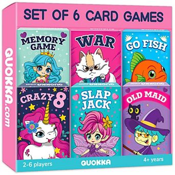 QUOKKA Set 6 Girls Card Games Crazy 8, Go Fish, Old Maid, War, Slap Jack, Memory for Kids 4-8 Years