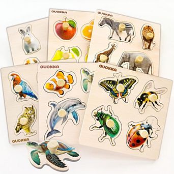 QUOKKA Wooden Puzzle 6 Pegged Puzzles for Kids 2-4 Years Animal and Fruits Learning Toddler Toy