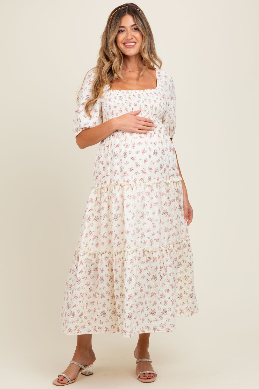 Женские платья Maternity Floral Smocked Ruffle Tiered Maxi Dress