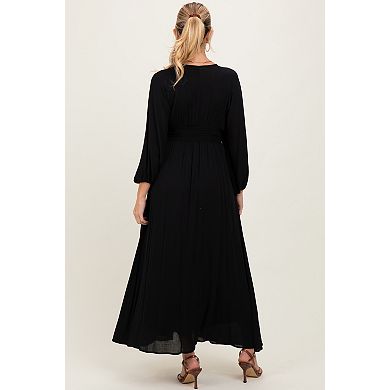 Maternity Solid Long Sleeve V-Neck Smocked Detail Maxi Dress