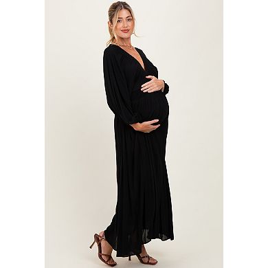 Maternity Solid Long Sleeve V-Neck Smocked Detail Maxi Dress