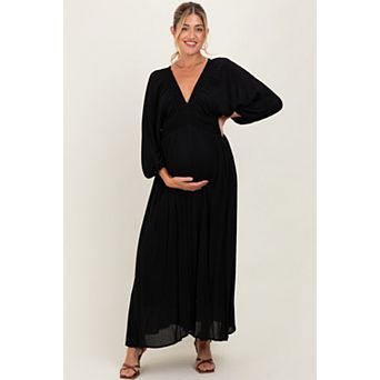 Maternity Solid Long Sleeve V-Neck Smocked Detail Maxi Dress