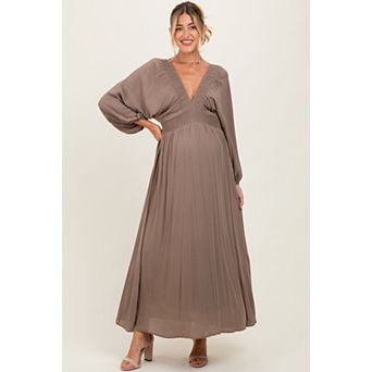 Maternity Solid Long Sleeve V-Neck Smocked Detail Maxi Dress