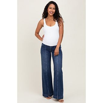 Maternity Blue Front Seam Slit Wide Leg Maternity Jeans