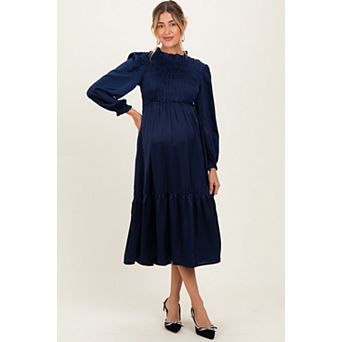 Maternity Mock Neck Satin Smocked Chest Dress