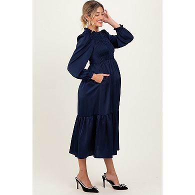 Maternity Mock Neck Satin Smocked Chest Dress