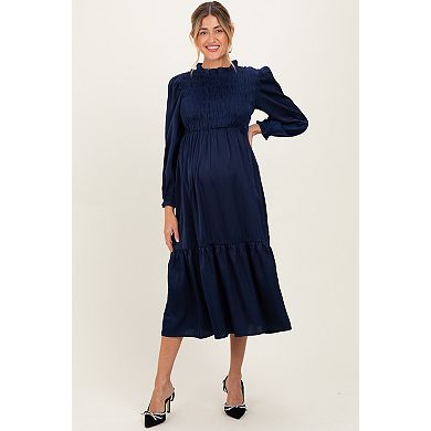 Maternity Mock Neck Satin Smocked Chest Dress