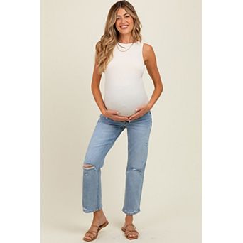 Maternity Blue Distressed Open Knee Ankle Straight Leg Jeans