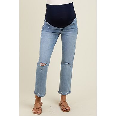 Maternity Blue Distressed Open Knee Ankle Straight Leg Jeans