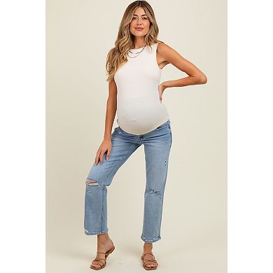 Maternity Blue Distressed Open Knee Ankle Straight Leg Jeans