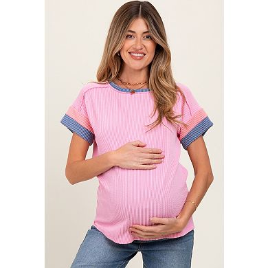 Maternity Ribbed Colorblock Detail Short Sleeve Top