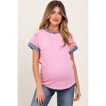 Maternity Ribbed Colorblock Detail Short Sleeve Top