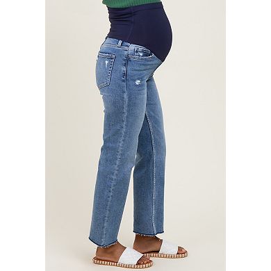 Maternity High Rise Raw Hem Ankle Straight Maternity Jeans