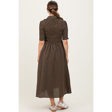 Maternity Gingham Smocked Button Down Midi Dress