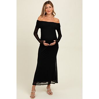 Maternity Mesh Overlay Off Shoulder Long Sleeve Midi Dress