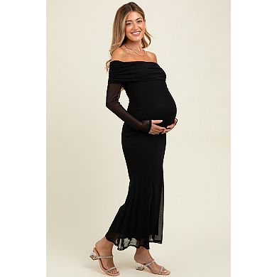 Maternity Mesh Overlay Off Shoulder Long Sleeve Midi Dress