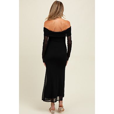 Maternity Mesh Overlay Off Shoulder Long Sleeve Midi Dress