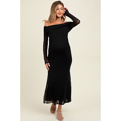 Maternity Mesh Overlay Off Shoulder Long Sleeve Midi Dress