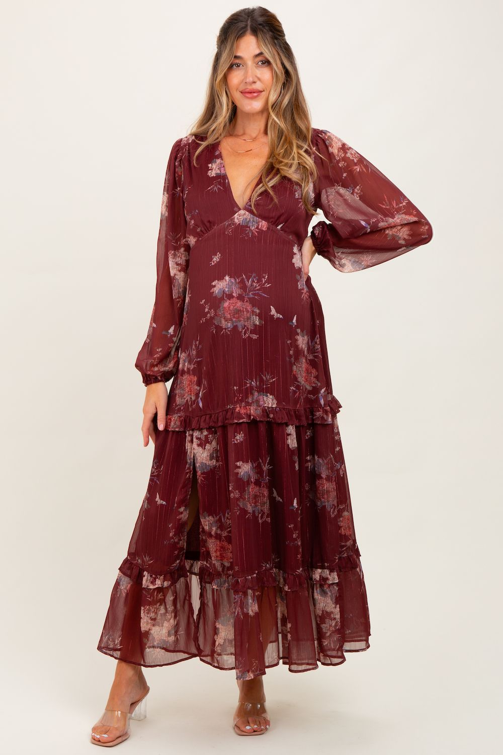 Женские платья Maternity Floral Chiffon V-Neck Long Sleeve Maxi Dress