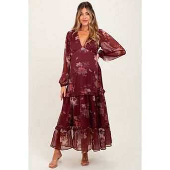 Maternity Floral Chiffon V-Neck Long Sleeve Maxi Dress