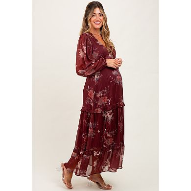 Maternity Floral Chiffon V-Neck Long Sleeve Maxi Dress